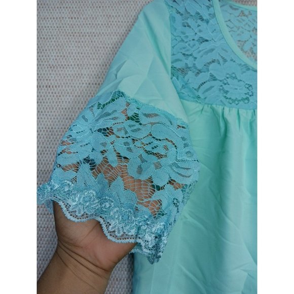 Cute work Turquoise Blue Summer Lace V neck Polyester Blouse size Large - Picture 4 of 9